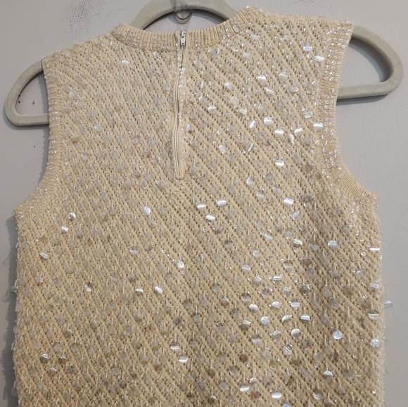 Vintage 60s CYN LES Hand Beaded Cream Wool Sequin Paillette Sweater Vest‎ Small - Picture 3 of 10